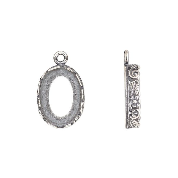 Drop, JBB Findings, antique silver-plated brass, 16x12mm oval with open back and flower and leaf design trim, 14x10mm oval bezel setting. Sold per pkg of 2. image number 0