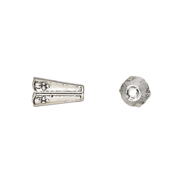Cone, antique silver-plated "pewter" (zinc-based alloy), 12x7mm scalloped, 5.5mm inside diameter. Sold per pkg of 20. image number 0