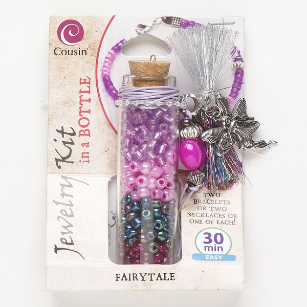 Necklace or bracelet kit, glass / steel / antique silver-finished "pewter" (zinc-based alloy) / cork / cotton / acrylic, mixed colors, fairytale theme. Sold per set. image number 0