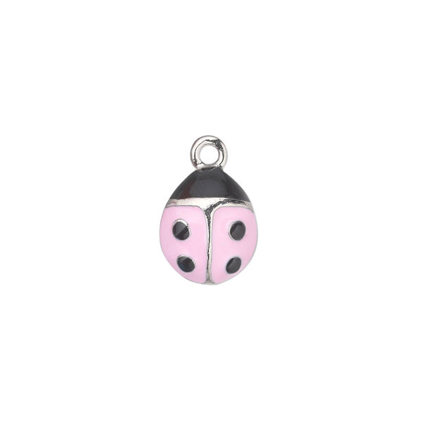 Charm, antiqued pewter (tin-based alloy) with enamel, pink, 12x10mm single-sided ladybug. Sold individually. image number 0