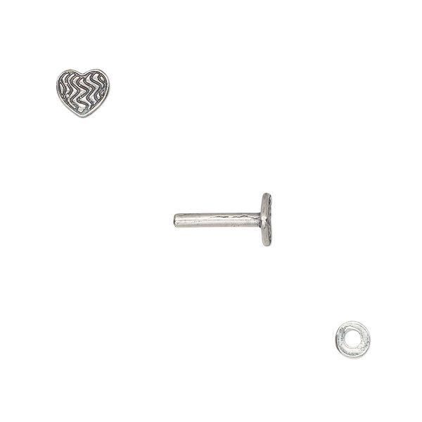 Washer and brad, antique silver-plated brass, 4x0.7mm and 10x6mm with 6x5mm heart with line design and 1.5mm post diameter. Sold per pkg of (2) 2-piece sets. image number 0