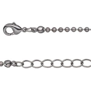 Chain, gunmetal-plated brass, 2mm ball, 16 inches with 1-inch extender chain and lobster claw clasp. Sold per pkg of 4.