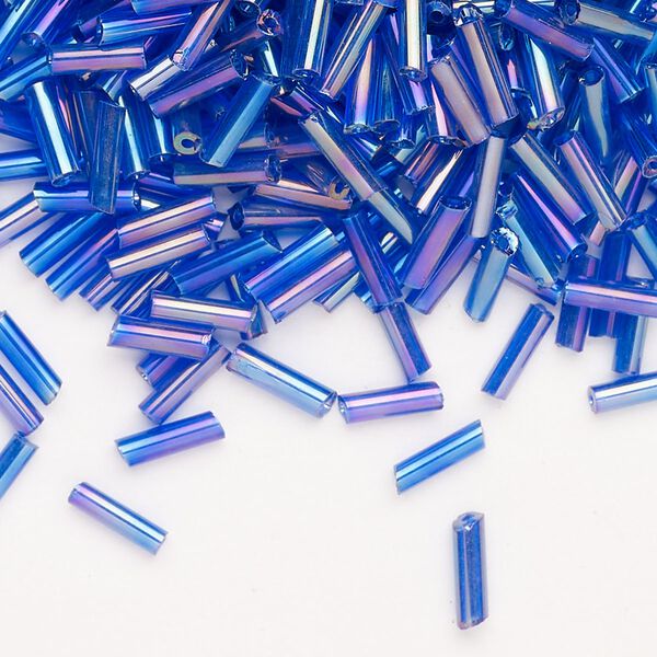 Bead, Ming Tree™, bugle bead, glass, pkg/1/4 pound, 1/4 inch, rainbow translucent cobalt blue. image number 0