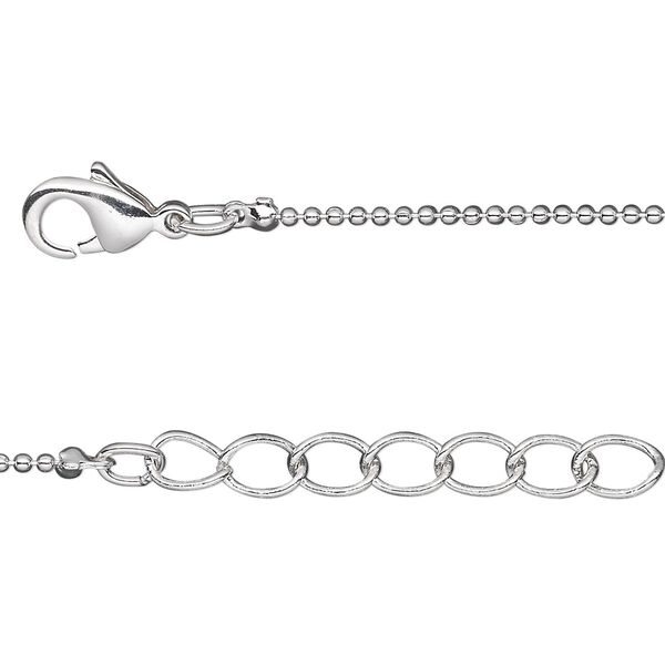 Chain, silver-plated brass, 1mm ball, 24 inches with 1-inch extender chain and lobster claw clasp. Sold per pkg of 2. image number 0