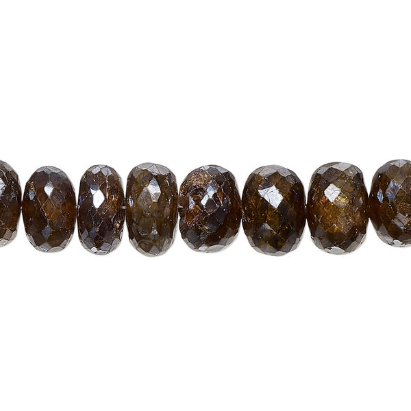 Bead, amber-green tourmaline (coated), metallic, 9x5mm-11x7mm hand-cut faceted rondelle with 0.4-1mm hole, C grade, Mohs hardness 7 to 7-1/2. Sold per 8-inch strand. image number 0