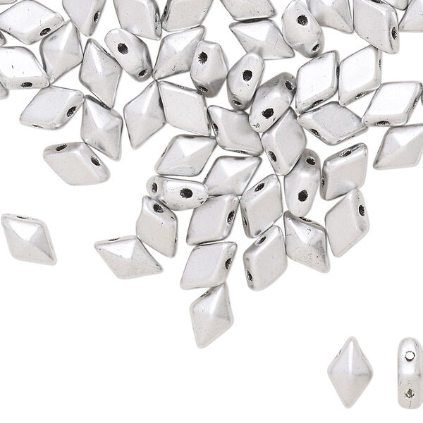 Bead, DiamonDuo™, Czech pressed glass, opaque matte silver, 8x5mm faceted diamond with flat back and (2) 0.7-0.8mm holes. Sold per 10-gram pkg, approximately 70 beads. image number 0