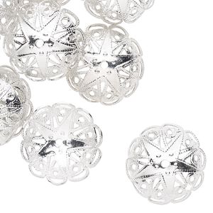 Bead cap, silver-finished aluminum, 19x7mm fancy round with star and cutout design, fits 17-18mm bead. Sold per pkg of 24.