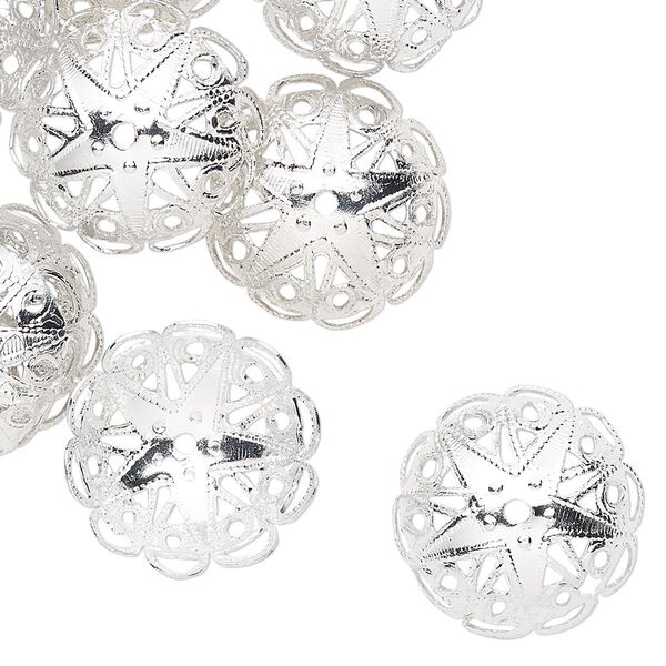Bead cap, silver-finished aluminum, 19x7mm fancy round with star and cutout design, fits 17-18mm bead. Sold per pkg of 24. image number 0