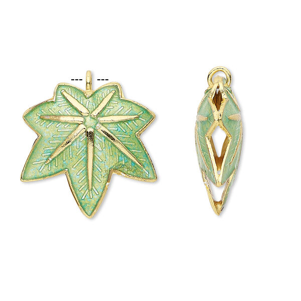 Charm, cloisonné, enamel and gold-finished copper, green, 20x20mm double-sided maple leaf. Sold per pkg of 4. image number 0
