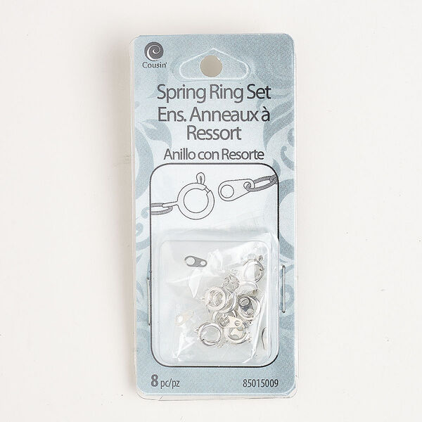 Clasp, springring, silver-finished steel, 7mm round with chain tab. Sold per pkg of 8. image number 0