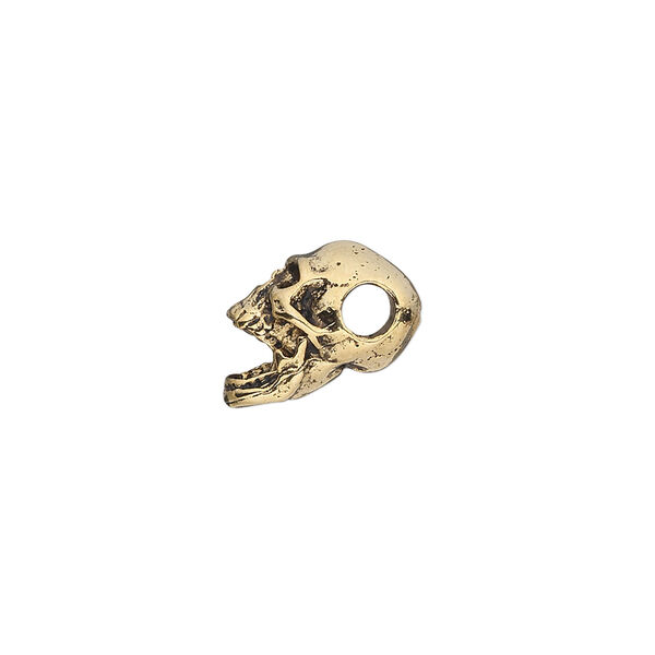 Bead, pewter (tin-based alloy), pkg/1, antique gold plate, 14x10mm skull. image number 1