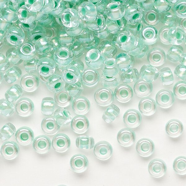 Seed bead, Miyuki, glass, pkg/25g, #6 rocaille, translucent mint pearl-lined glacier blue, (RR-3806). image number 0