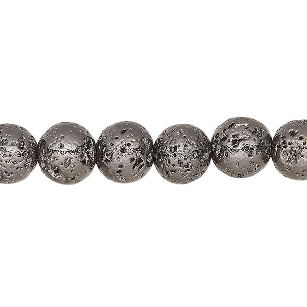 Bead, electro-coated lava rock (coated), gunmetal, 7-8mm round. Sold per 15-1/2" to 16" strand. image number 0