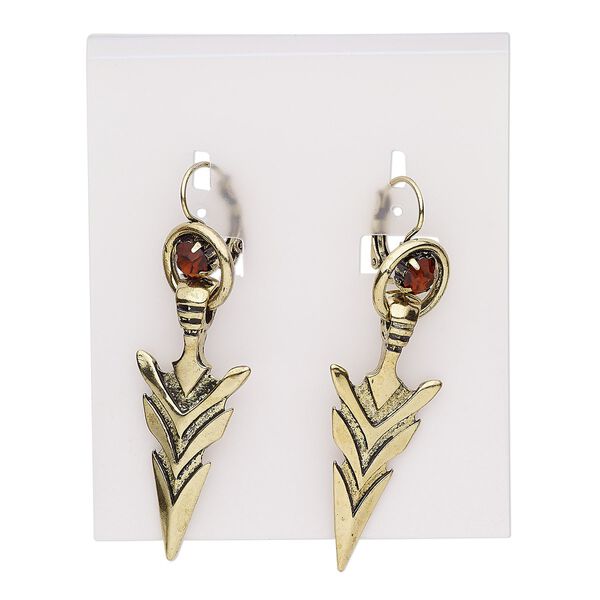 Earring, Czech glass rhinestone / antique gold-finished steel / brass / "pewter" (zinc-based alloy), brown, 2-1/2 inches with arrowhead and leverback ear wire. Sold per pair. image number 0