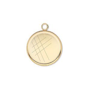Drop, gold-plated brass, 17mm round with beaded edge and 16mm round bezel setting. Sold per pkg of 6.