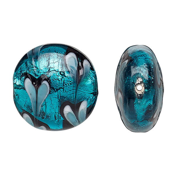 Bead, lampworked glass, multicolored, 22mm double-sided puffed flat round with heart pattern. Sold per pkg of 2. image number 0