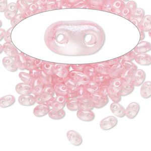 Seed bead, Preciosa Twin™ Czech glass, pkg/10g, 5x2.5mm oval, translucent pink terra pearl clear, (08198).