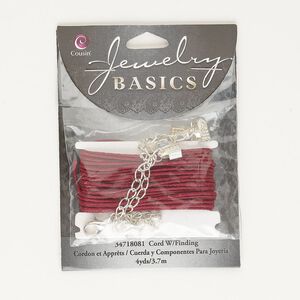 Cord assortment, silver-finished steel and waxed cotton, red, 4 yards 1mm round cord with (2) 9x6mm lobster claw clasp and (1) 5mm fold over crimp. Sold per pkg of 3.
