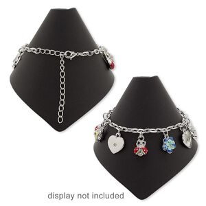 Bracelet, glass rhinestone / enamel / imitation rhodium-finished steel / copper / "pewter" (zinc-based alloy), multicolored, 12x11mm-16x14.5mm assorted shape, 7 inches with 3-inch extender chain and lobster claw clasp. Sold individually.