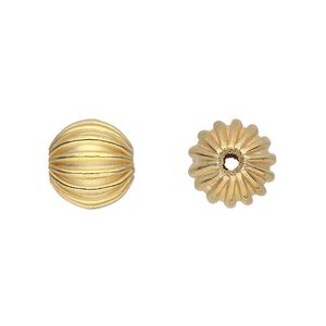 Bead, gold-finished copper, 12mm corrugated round. Sold per pkg of 8.