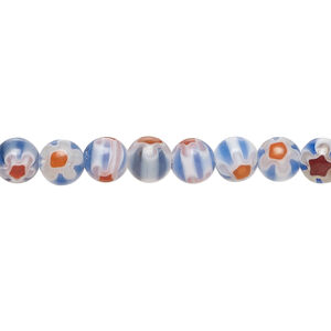 Bead, millefiori glass 1pkg1, translucent light denim blue and white, 6mm round, 15 inches.