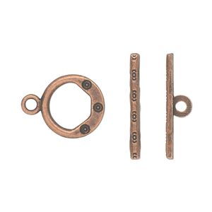 Clasp toggle 1pkg20 copper-plated "pewter" (zinc alloy), 13mm round, antique 1-strand