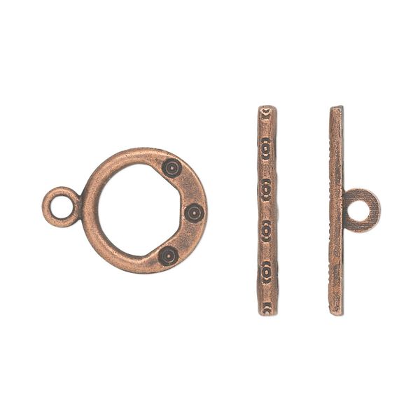 Clasp toggle 1pkg20 copper-plated "pewter" (zinc alloy), 13mm round, antique 1-strand image number 0
