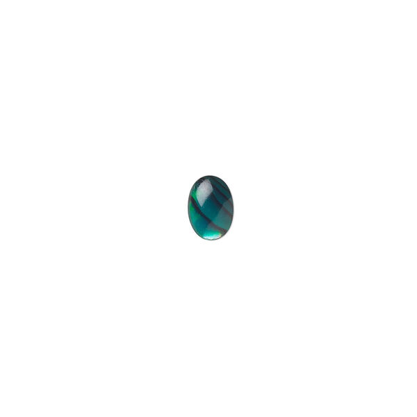 Cabochon, paua shell (dyed / coated), green, 7x5mm calibrated oval, Mohs hardness 3-1/2. Sold per pkg of 10. image number 0