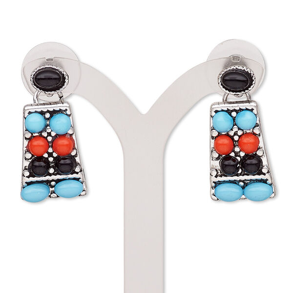 Earring, resin / stainless steel / antiqued silver-finished "pewter" (zinc-based alloy), black / red / light blue, 28mm with trapezoid and post. Sold per pair. image number 0