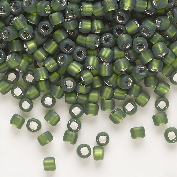 Seed bead, Dyna-Mites™, glass, silver-lined translucent matte olive green, #6 round with square hole. Sold per 1/2 kilogram pkg. image number 0