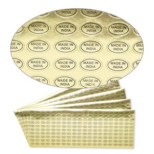 Adhesive label, paper, gold and black, 1/2 x 5/16 inch oval with "MADE IN INDIA." Sold per pkg of 1,000.