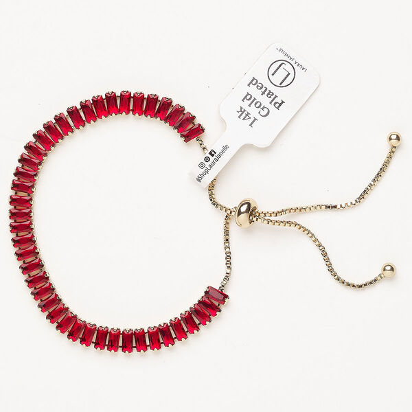 Bracelet, adjustable, brass / glass / silicone, pkg/1, 6 to 10 inches, gold plate and garnet. image number 0
