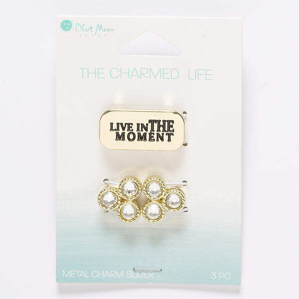 Slide mix, glass / gold- / antique gold-finished "pewter" (zinc-based alloy), clear, (2) 15mm rounded triangle and (1) 27x13mm rounded rectangle with "LIVE IN THE MOMENT," 10x2mm hole. Sold per pkg of 3. image number 0