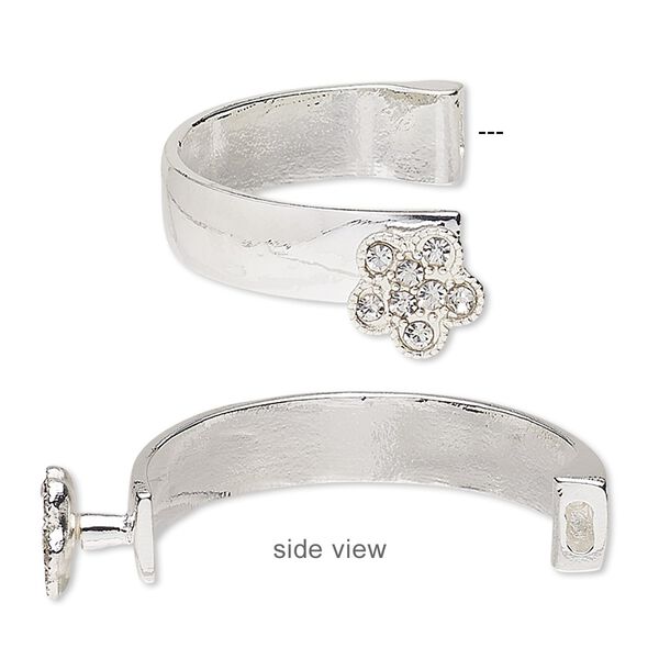 Bracelet component 1pkg1, glass rhinestone and silver-finished "pewter" (zinc-based alloy), clear, 10.5mm wide with 14.5x14mm flower, 42x26mm inside diameter with 5.5x2mm glue-in end. image number 0