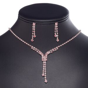 Necklace and earring set, glass rhinestone / plastic / imitation rhodium-plated brass / steel, pink, cupchain and rectangle, 15" to 16" necklace with 3-inch extender chain and lobster claw clasp, 34mm earrings with post. Sold per set.