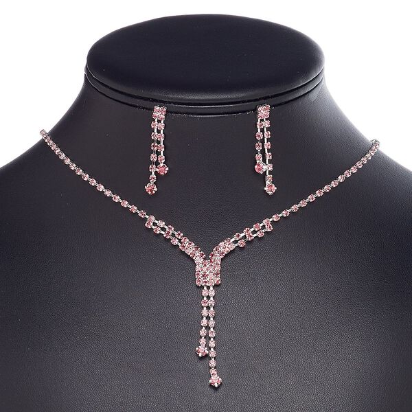 Necklace and earring set, glass rhinestone / plastic / imitation rhodium-plated brass / steel, pink, cupchain and rectangle, 15" to 16" necklace with 3-inch extender chain and lobster claw clasp, 34mm earrings with post. Sold per set. image number 0