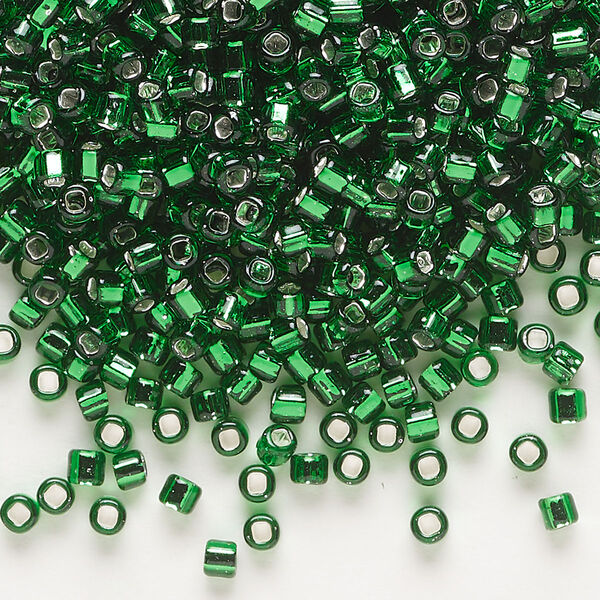 Seed bead, Dyna-Mites™, glass, silver-lined translucent emerald green, #8 round with square hole. Sold per 40-gram pkg. image number 0