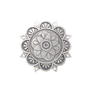 Drop, antiqued sterling silver, pkg/1, 24.75mm single-sided domed disc with flower design.