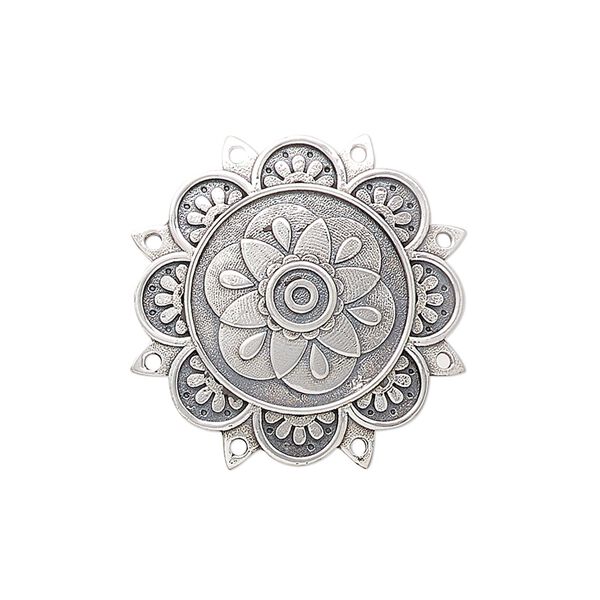 Drop, antiqued sterling silver, pkg/1, 24.75mm single-sided domed disc with flower design. image number 0