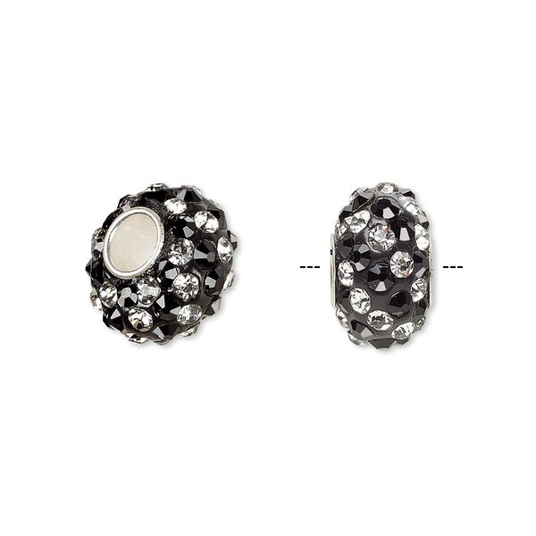 Bead, Dione®, Czech glass rhinestone / epoxy / sterling silver grommets, black and clear, 14x8mm rondelle with spiral design, 4.5mm hole. Sold individually. image number 0