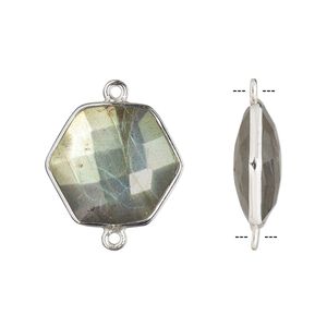 Link, labradorite (natural) and sterling silver, 18x17mm-20x18mm hand-cut double-sided faceted hexagon. Sold individually.