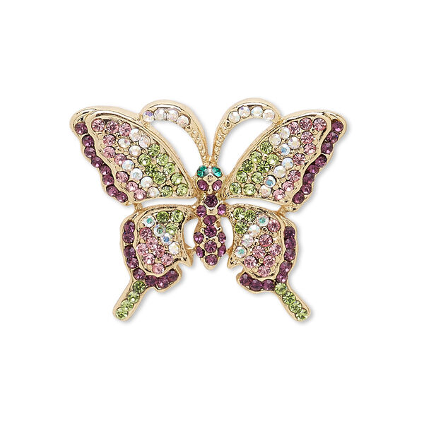 Spot pin, Czech glass rhinestone with gold-finished brass and "pewter" (zinc-based alloy), multicolored, 28x23mm butterfly. Sold individually. image number 0