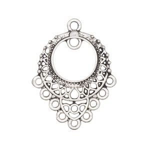 Drop, antique silver-plated "pewter" (zinc-based alloy), 26x23mm single-sided filigree with 10 loops. Sold per pkg of 10.