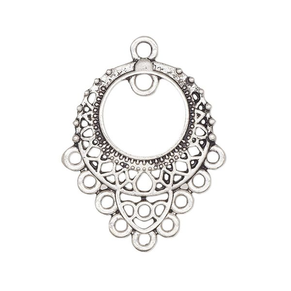 Drop, antique silver-plated "pewter" (zinc-based alloy), 26x23mm single-sided filigree with 10 loops. Sold per pkg of 10. image number 0