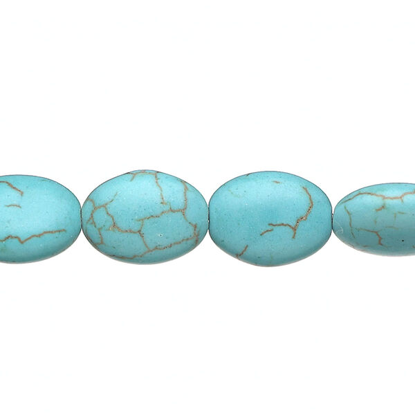 Bead, magnesite (dyed / stabilized), blue-green, 13x10mm-14x10mm puffed oval, C grade, Mohs hardness 3-1/2 to 4. Sold per 15-inch strand. image number 0