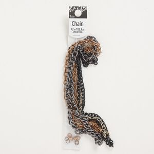 Chain and finding assortment, gold- / copper- / gunmetal-finished "pewter" (zinc-based alloy) and steel, mixed sizes. Sold per 10-pice set.