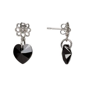 Earstud, Everyday Jewelry™, Crystal Passions® and silver-plated "pewter", jet, 21mm with flower and heart. Sold per pair.
