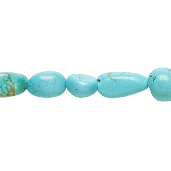 Bead, magnesite (dyed / stabilized), blue-green, mini to small nugget, Mohs hardness 3-1/2 to 4. Sold per 15-1/2" to 16" strand. image number 0
