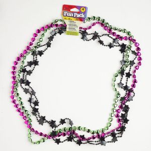 Necklace assortment acrylic 4pk 9mm puffed heart 13mm puffed star, metallic metallic green pink opaque black 33 inch