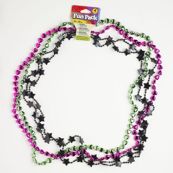 Necklace assortment acrylic 4pk 9mm puffed heart 13mm puffed star, metallic metallic green pink opaque black 33 inch image number 0